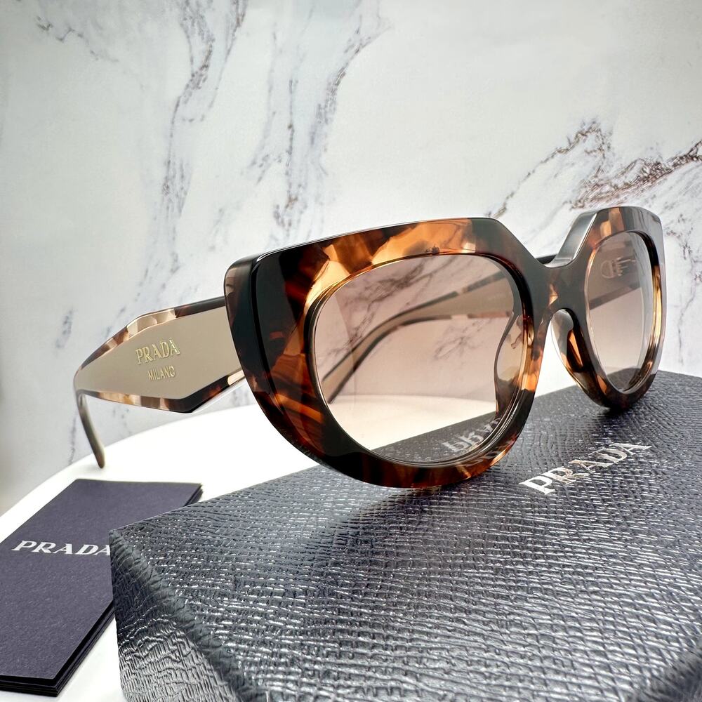 NEW PRADA Sunglasses Brown Tortoise Caramel Gold Symbole Oval Cat Eye Womens